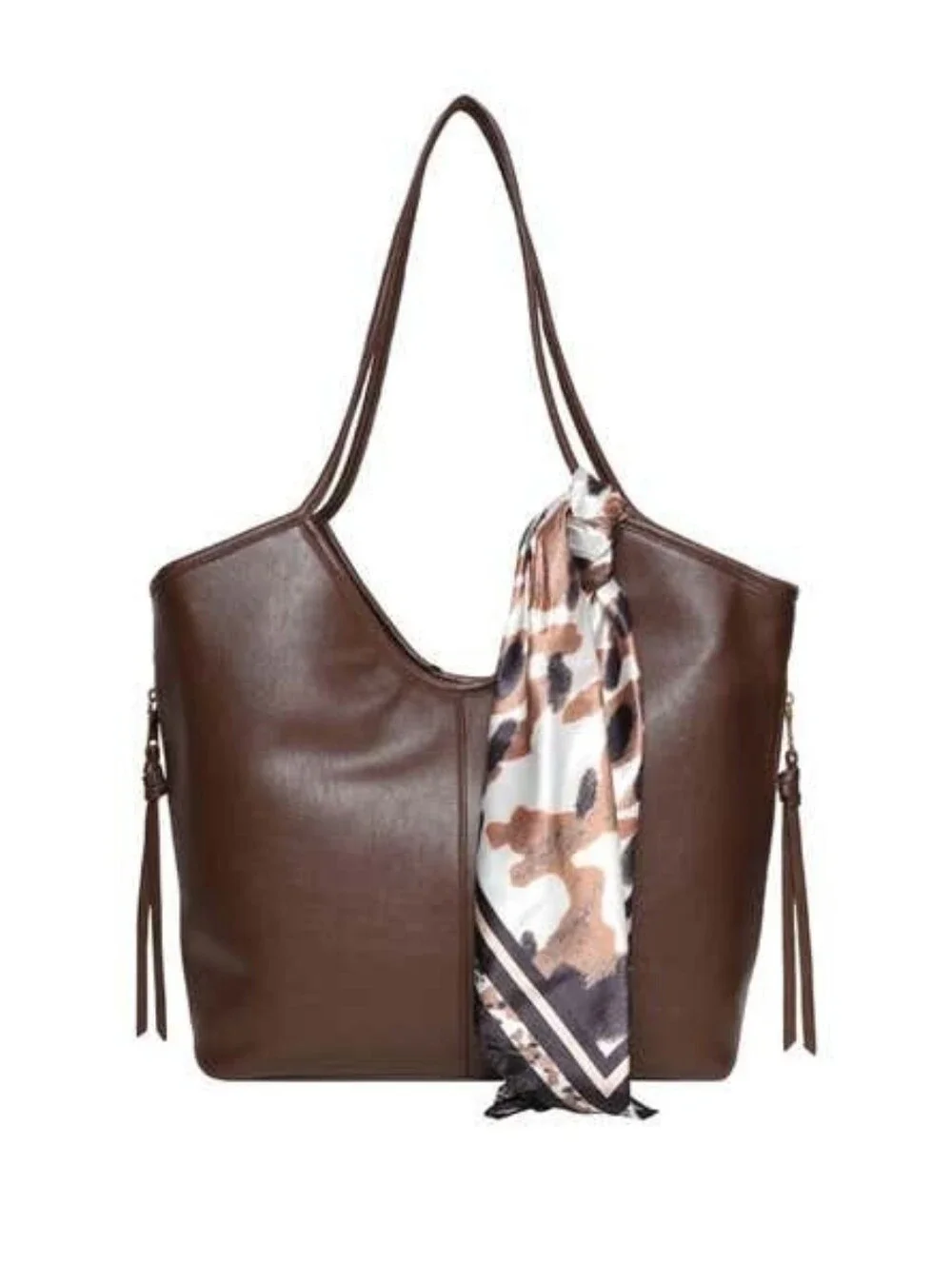 Steve Madden Brown Tote with Patterned Scarf Accent